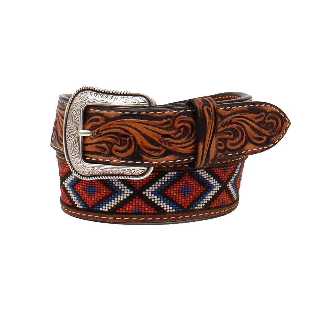 3D Men's Floral Tabs Beaded Inlay Tan Belt