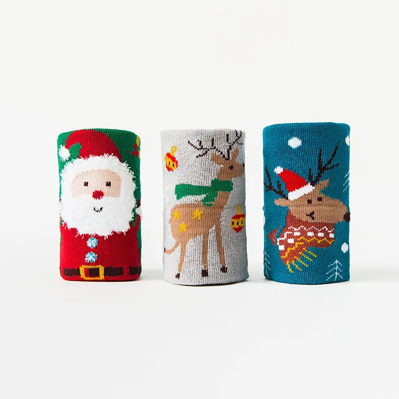 3PCS Kids Cotton Cartoon Christmas Print Medium Tube Socks