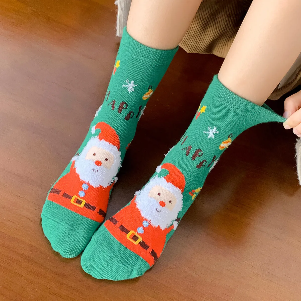 3PCS Kids Cotton Cartoon Christmas Print Medium Tube Socks