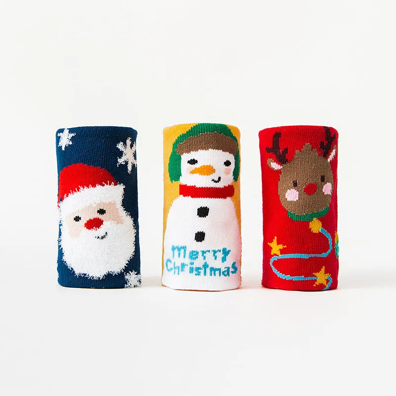 3PCS Kids Cotton Cartoon Christmas Print Medium Tube Socks