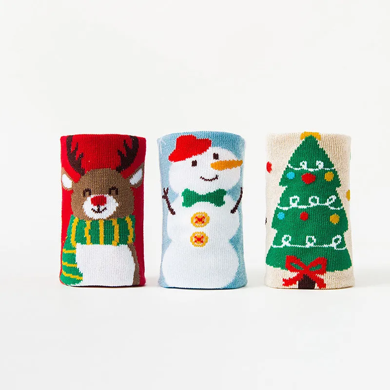 3PCS Kids Cotton Cartoon Christmas Print Medium Tube Socks