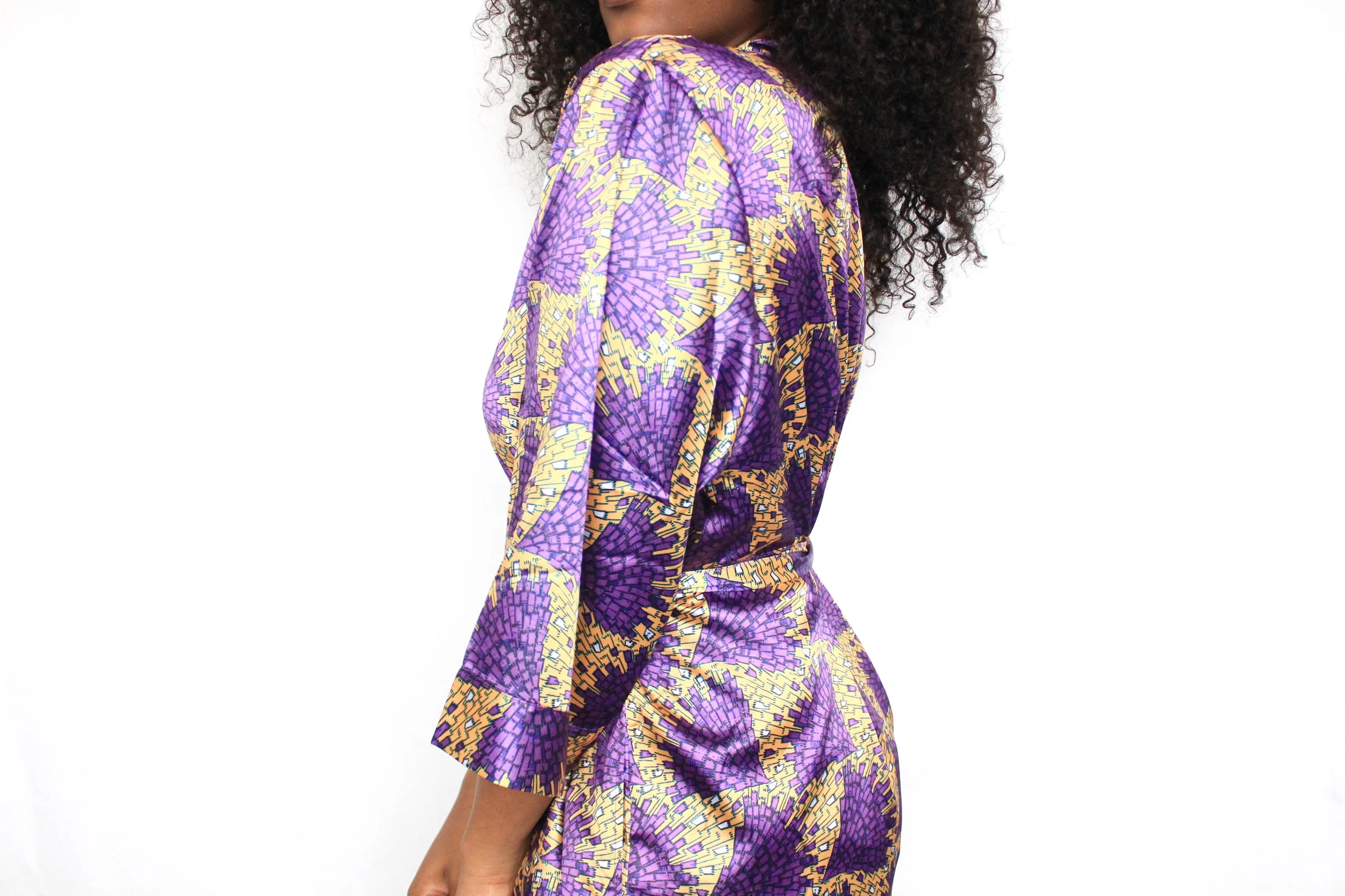 African Print Satin Robe Purple/Gold