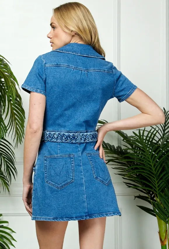 Aubrey Zip Up Belted Denim Mini Dress