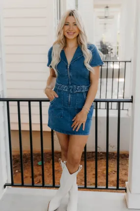 Aubrey Zip Up Belted Denim Mini Dress