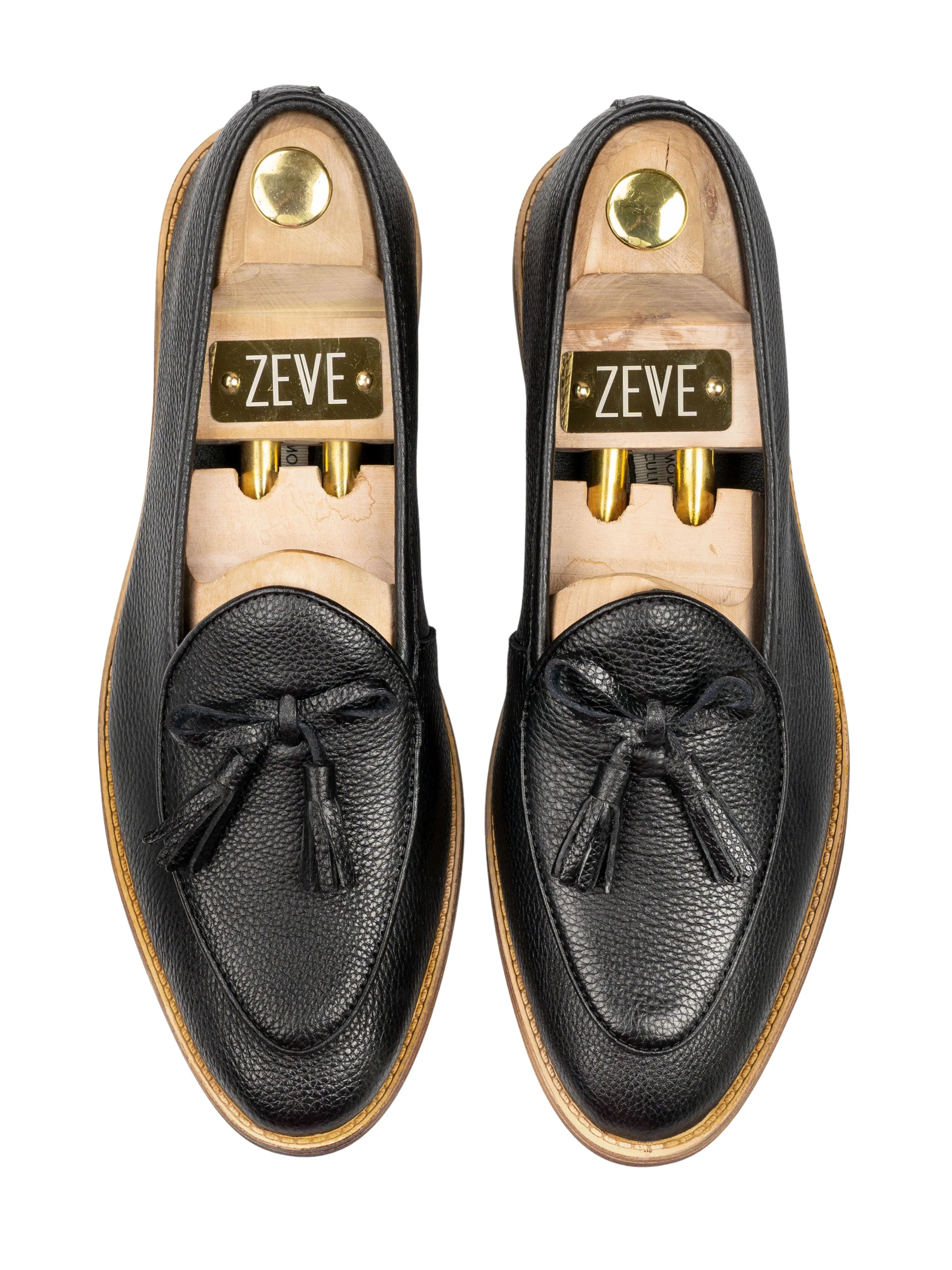 Belgian Loafer with Ribbon Tassel - Black Pebble Grain Leather (Flexi-Sole)