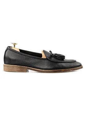 Belgian Loafer with Ribbon Tassel - Black Pebble Grain Leather (Flexi-Sole)