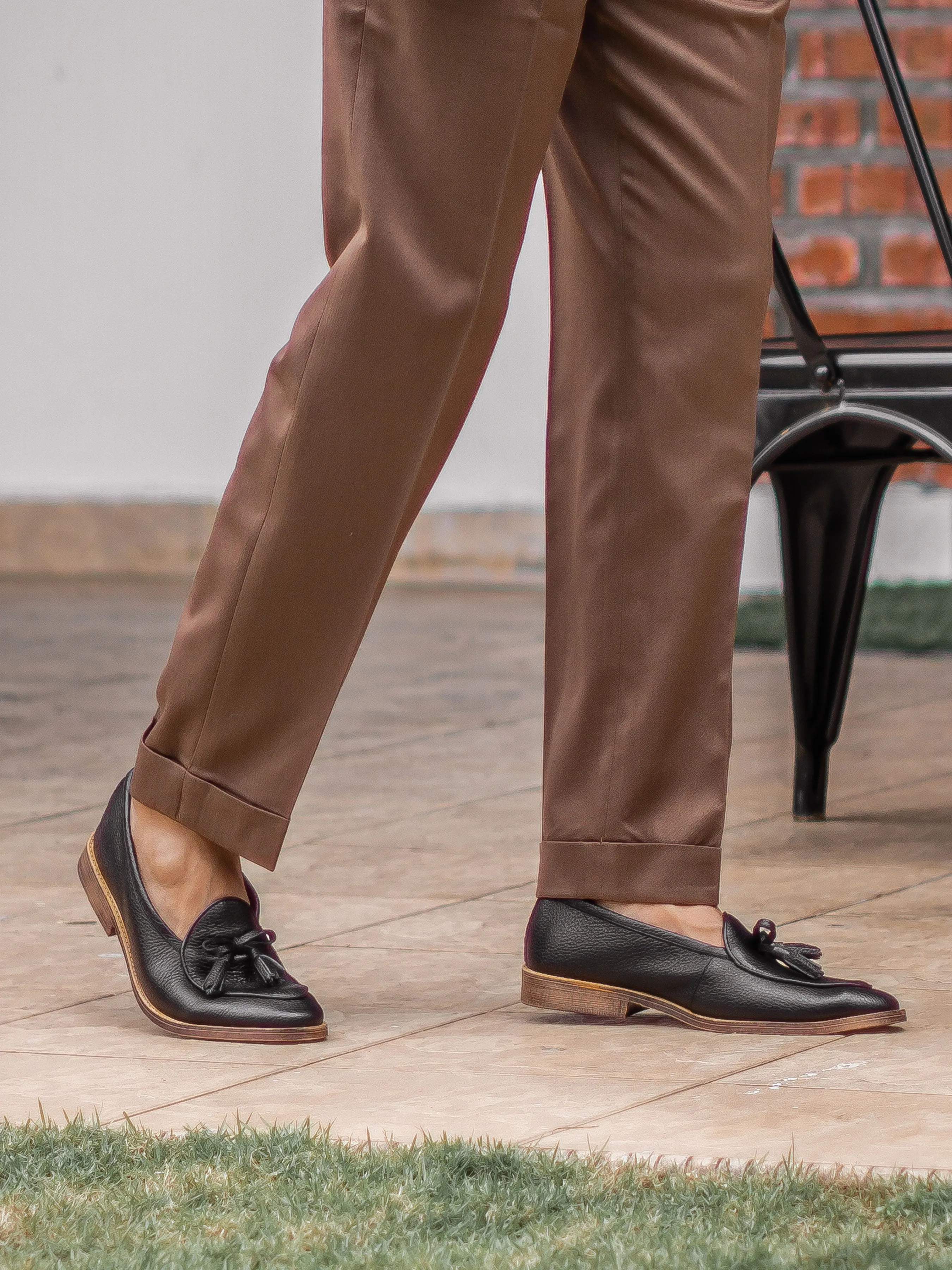 Belgian Loafer with Ribbon Tassel - Black Pebble Grain Leather (Flexi-Sole)