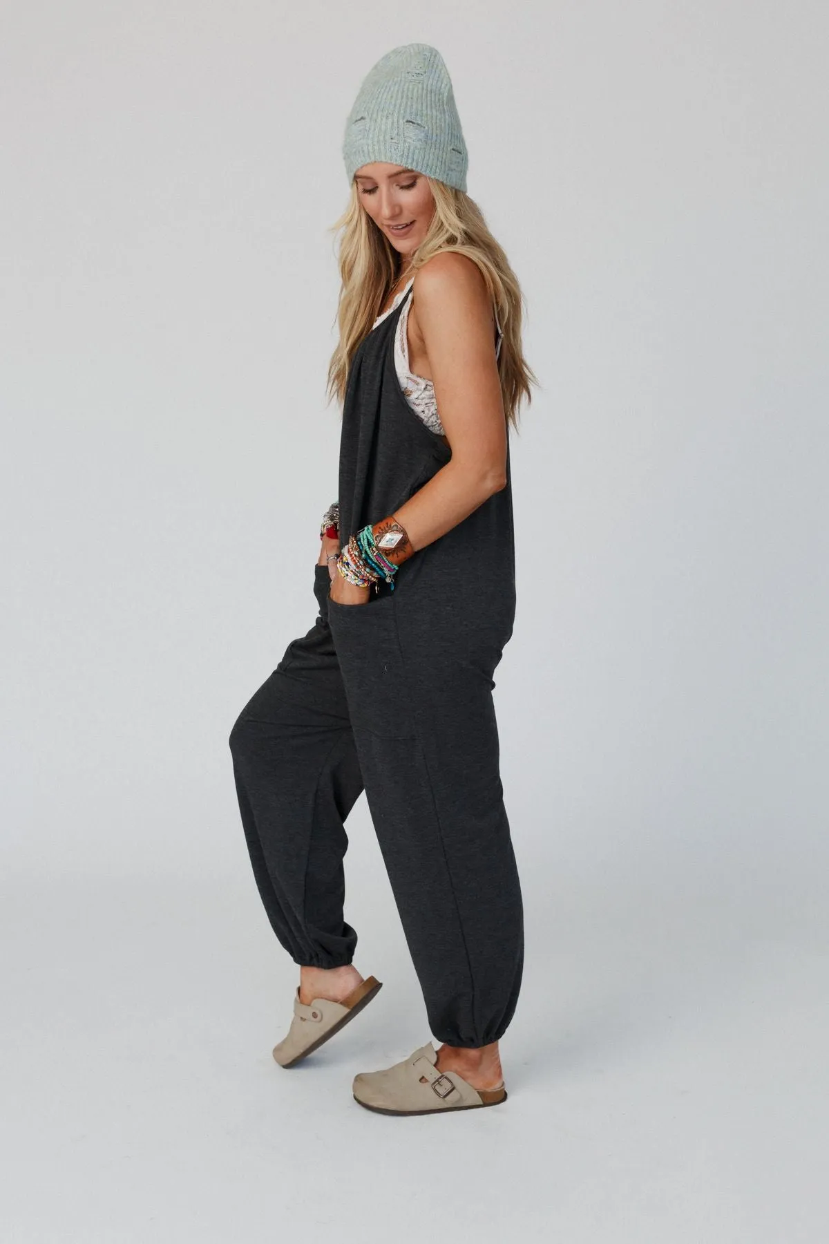 Comfort Zone Pocketed Jumpsuit - Charcoal