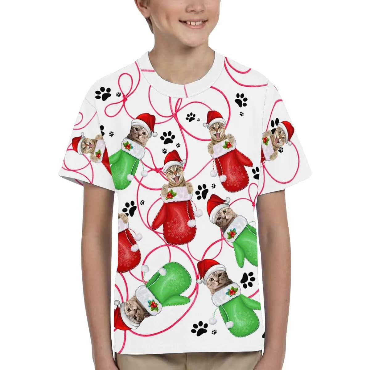 Custom Pet Face Christmas Gloves Paw Print Family Matching All Over Print T-shirt