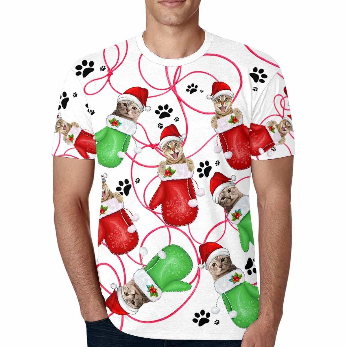 Custom Pet Face Christmas Gloves Paw Print Family Matching All Over Print T-shirt