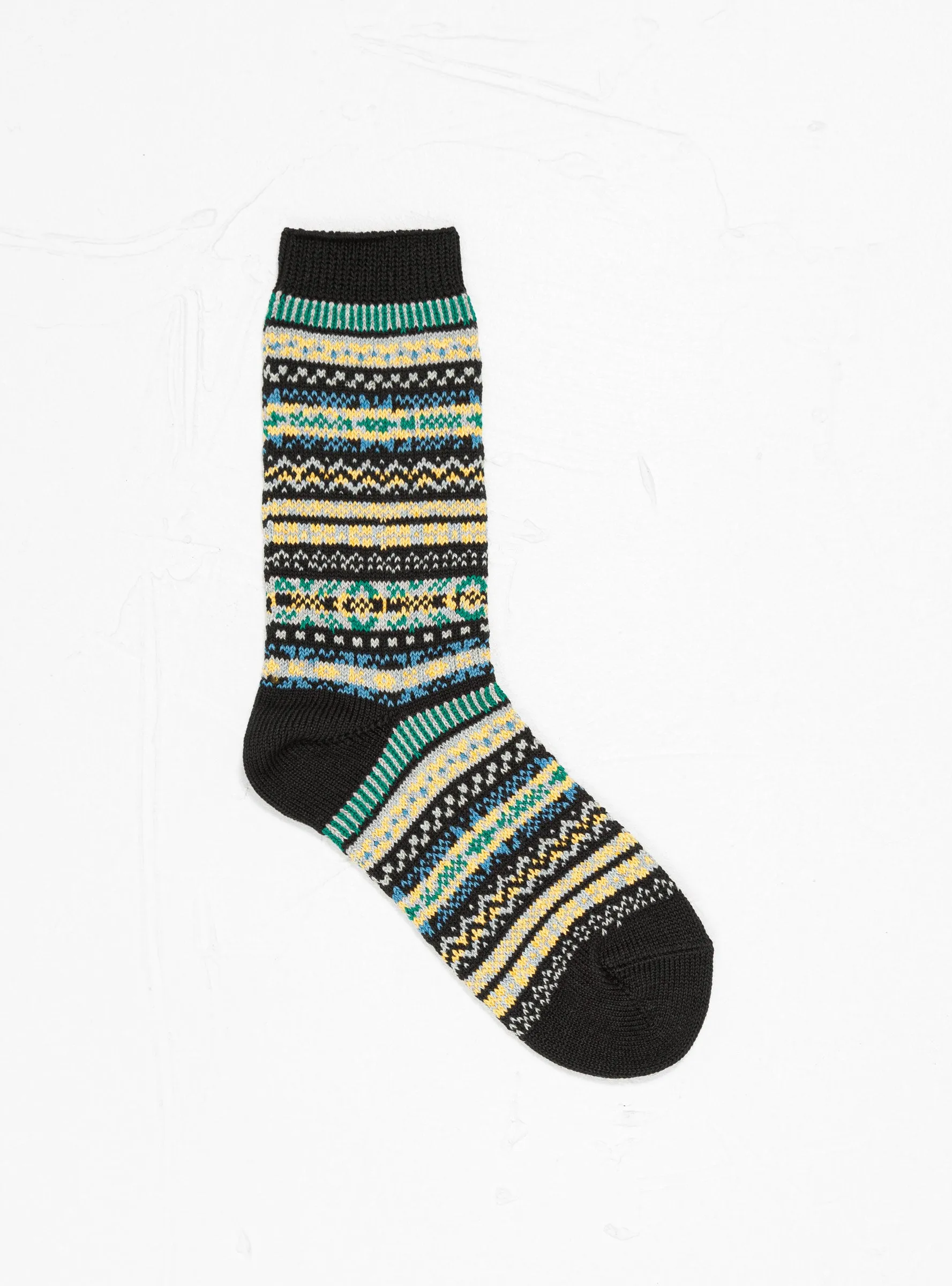 Fairisle Jacquard Crew Socks Green & Black