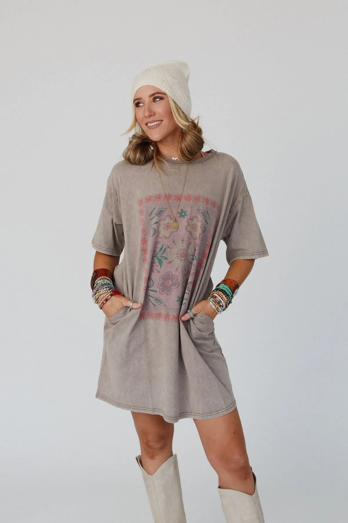 Fall Blossoms Tee Dress - Mocha