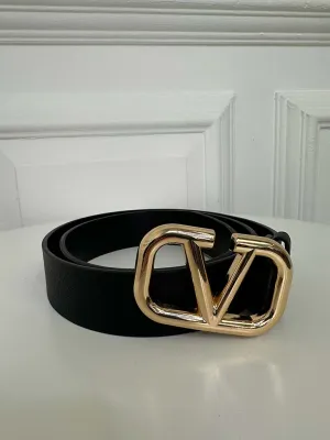 Faux Leather V Logo Belt - Black