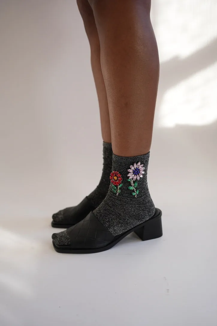 Flower Crystal Metallic Knit Socks