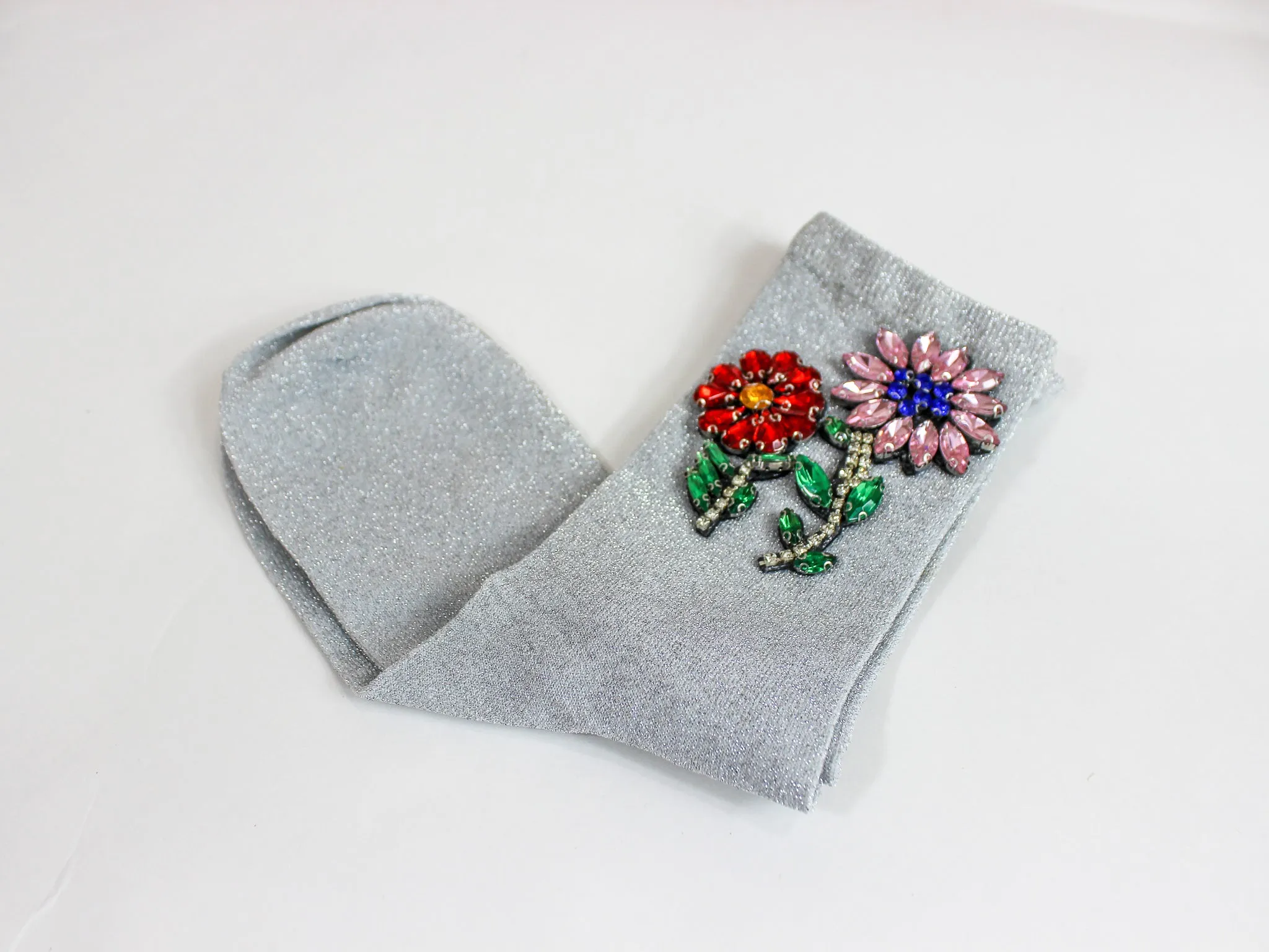 Flower Crystal Metallic Knit Socks