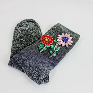 Flower Crystal Metallic Knit Socks