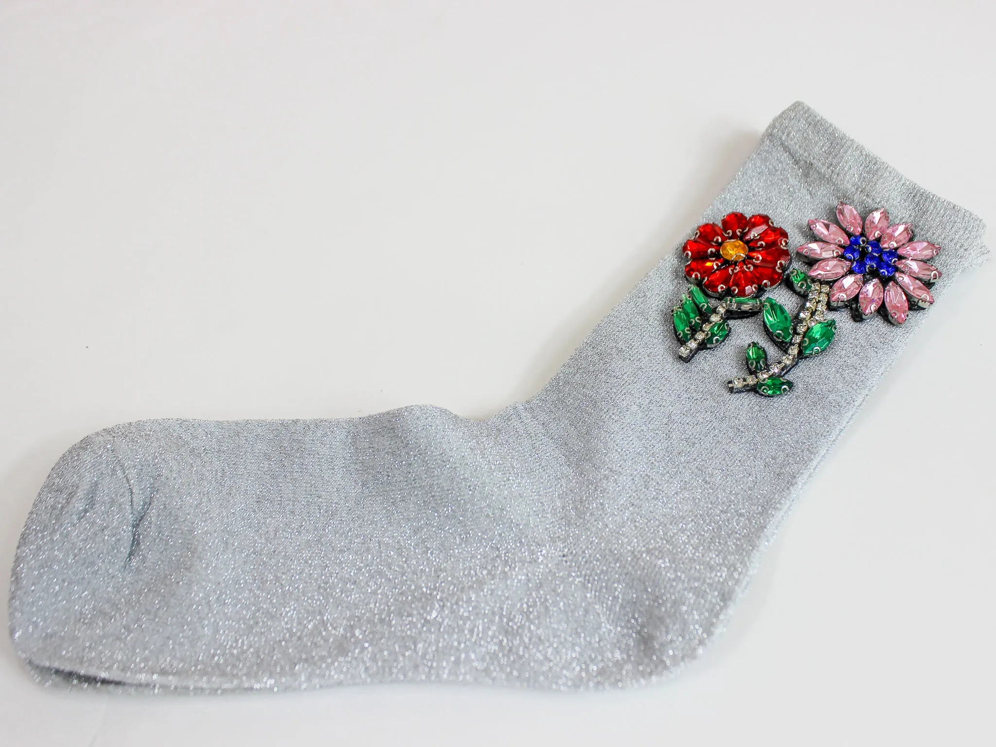 Flower Crystal Metallic Knit Socks