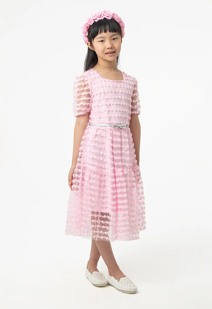 Flowers Puffy Organza Sleeves Dress With Belt