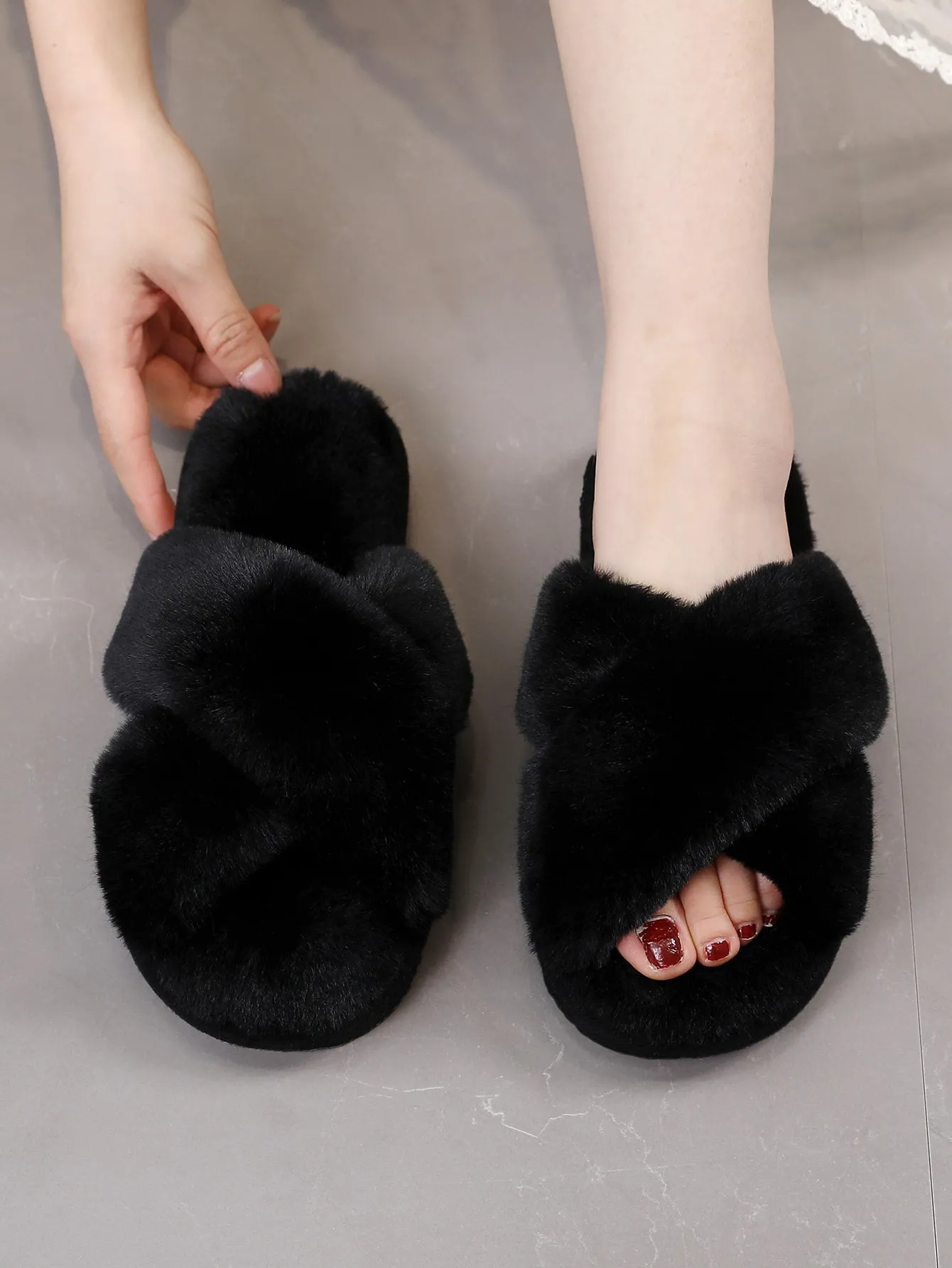 Fluffy Cross Strap Bedroom Slippers