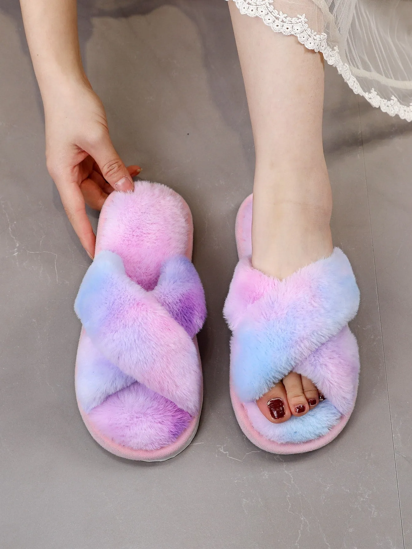 Fluffy Cross Strap Bedroom Slippers