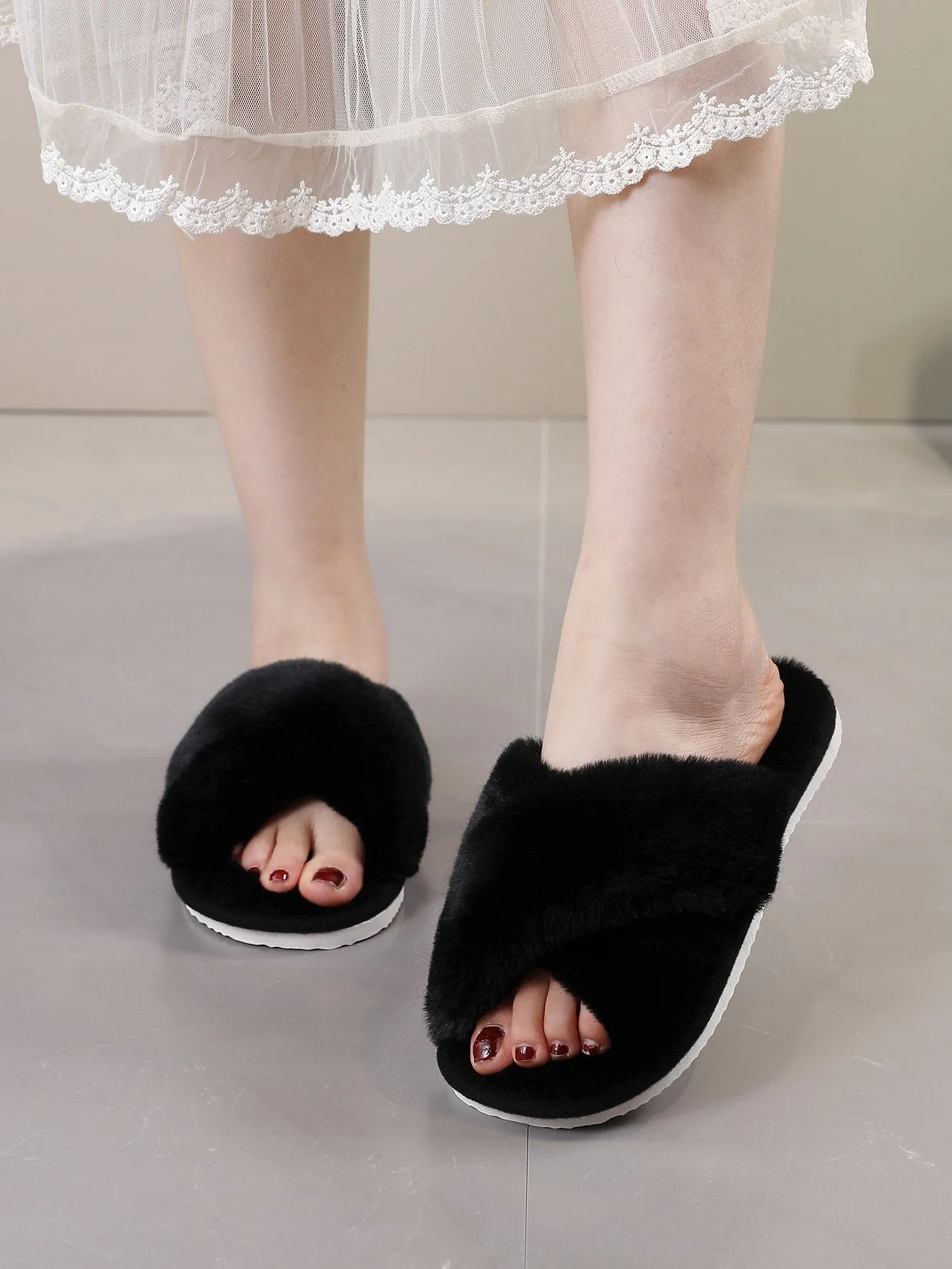 Fluffy Cross Strap Bedroom Slippers