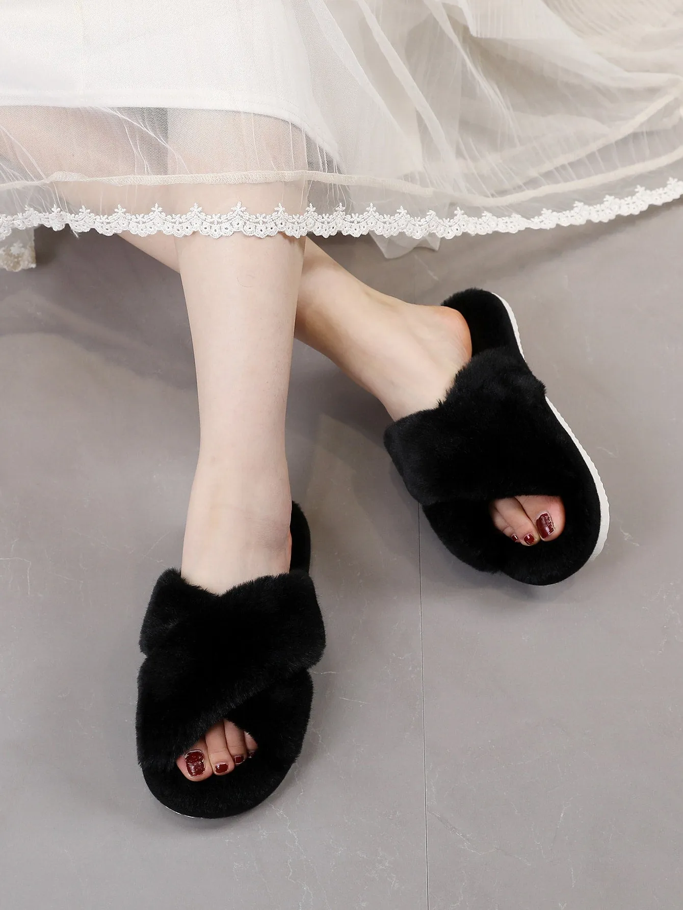 Fluffy Cross Strap Bedroom Slippers