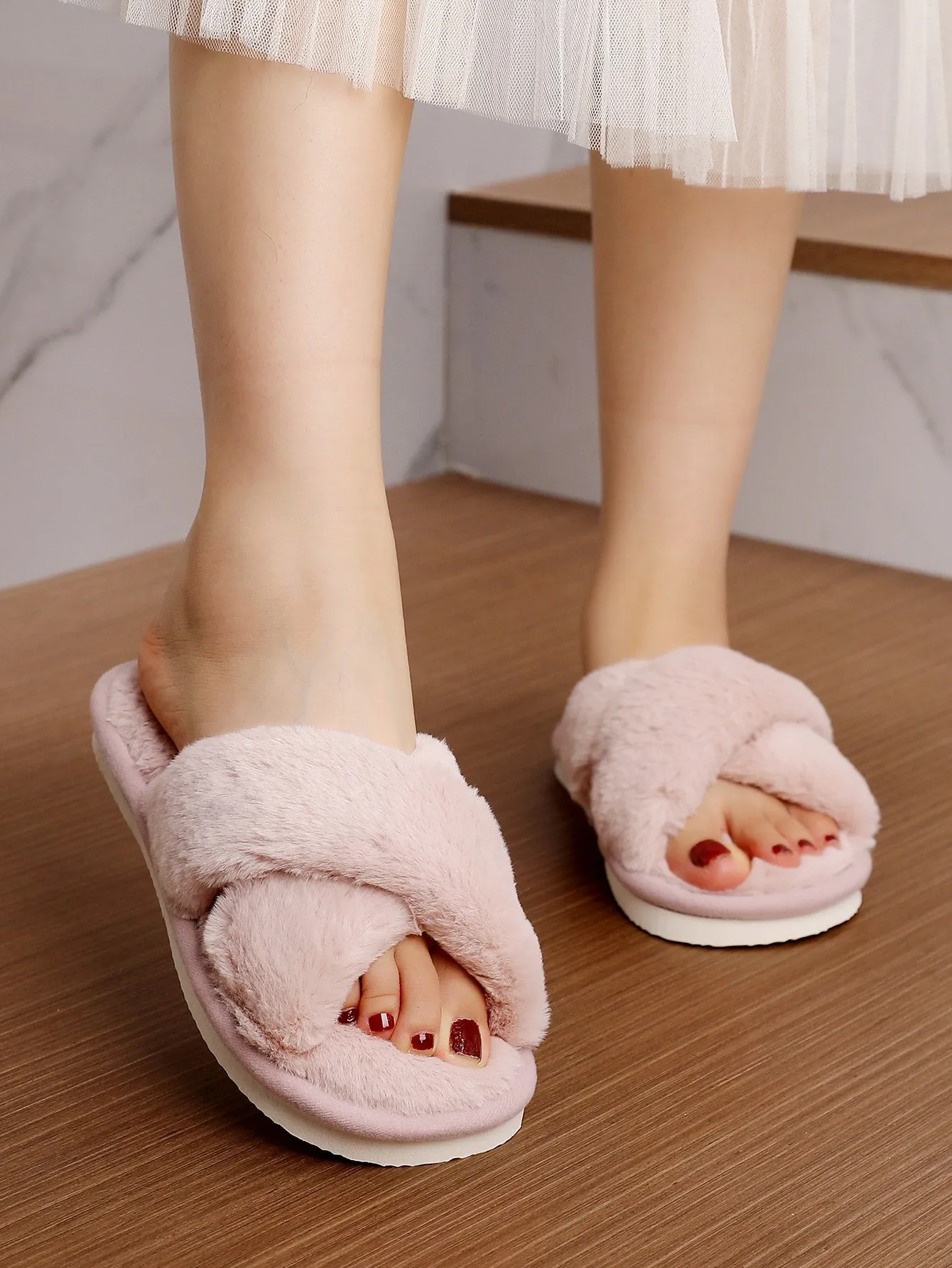 Fluffy Cross Strap Bedroom Slippers