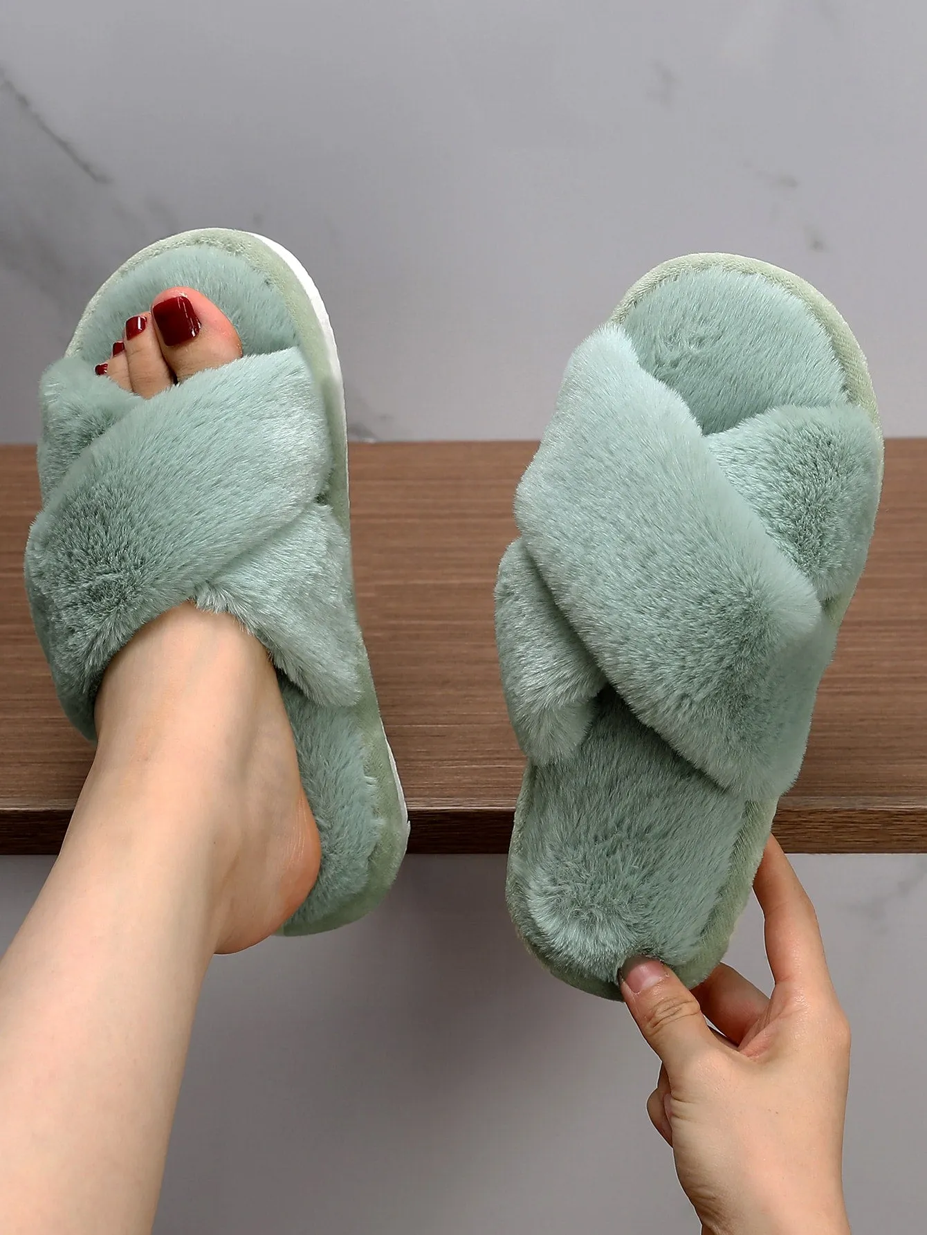 Fluffy Cross Strap Bedroom Slippers