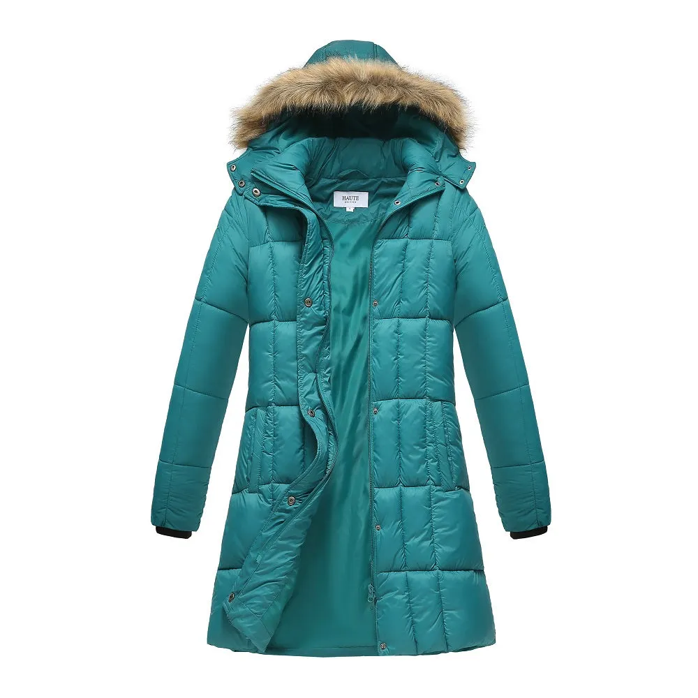 Haute Edition Women's Mid-Length Puffer Parka Coat with Faux Fur-lined Hood