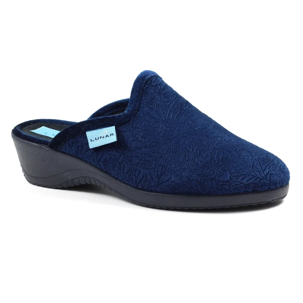 Ladies Bedroom Slippers Mule Wedge Heel Slip on Navy Lunar Audrey