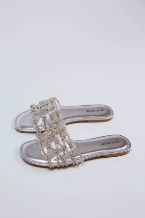 Laughter Stone Slide Sandal, Silver Metallic