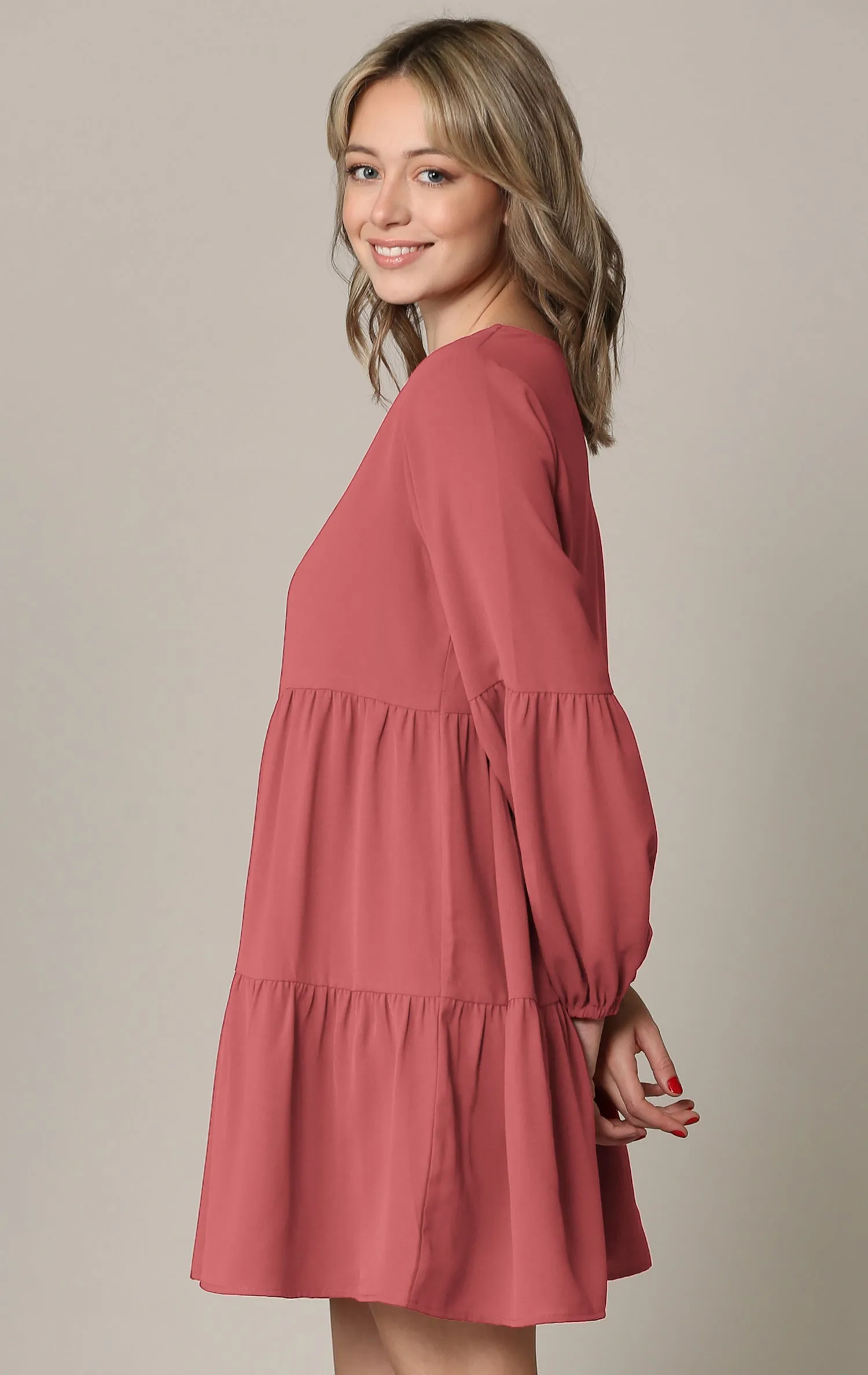 Made By Johnny Casual Flowy Swing Shift Long Sleeve Tiered Dress