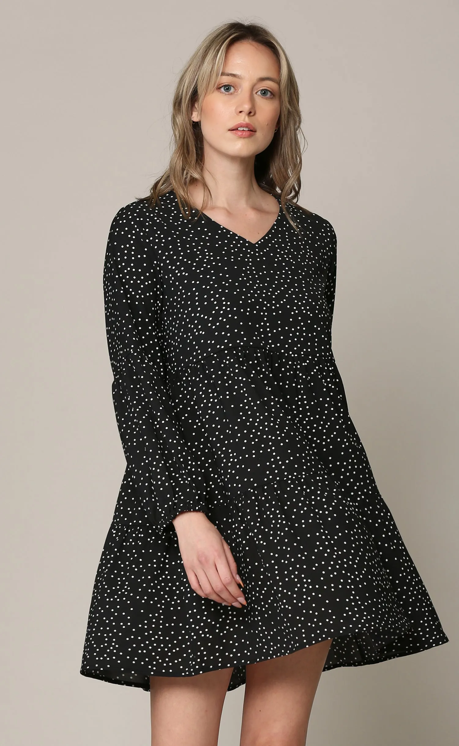 Made By Johnny Casual Flowy Swing Shift Long Sleeve Tiered Dress