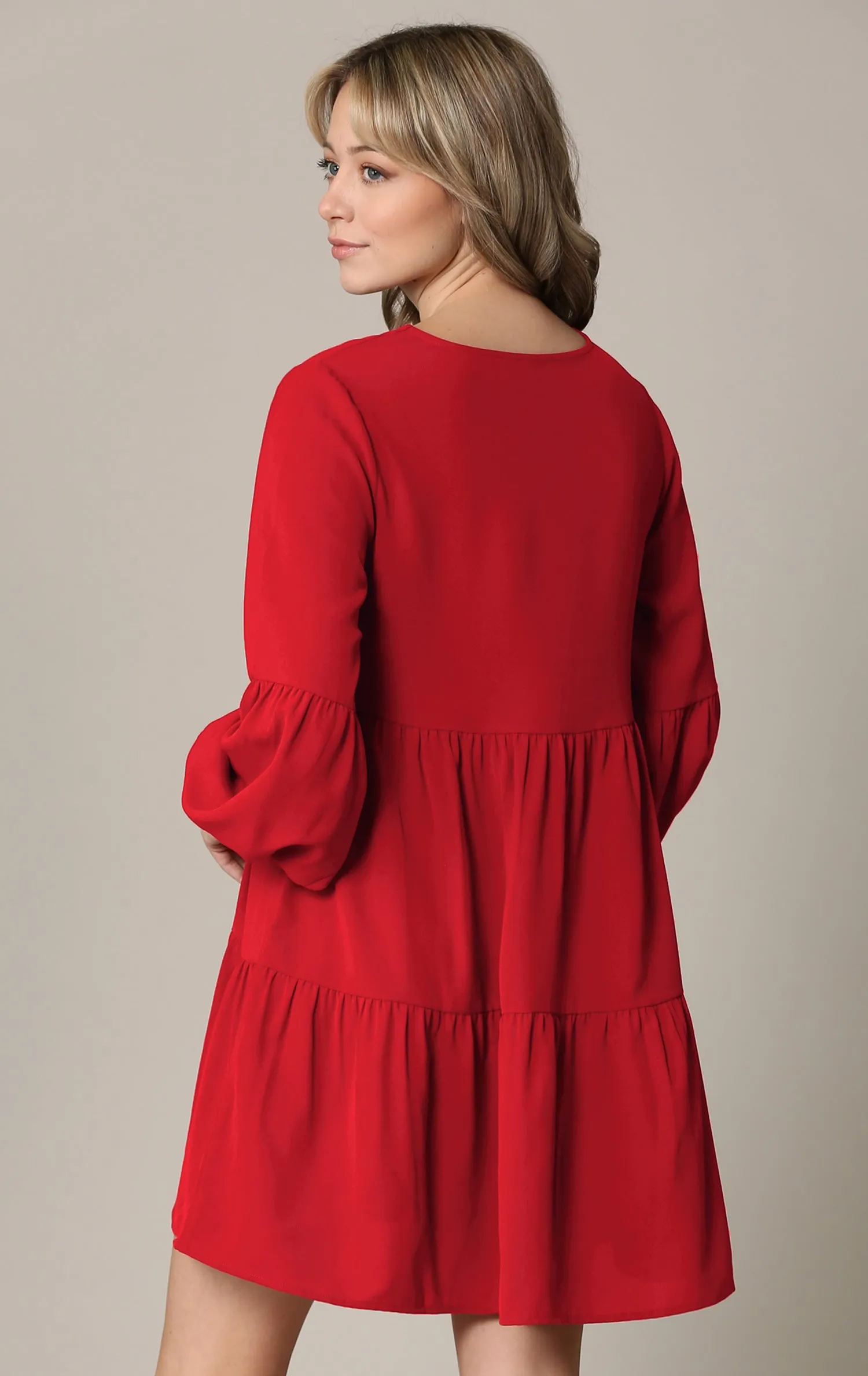 Made By Johnny Casual Flowy Swing Shift Long Sleeve Tiered Dress