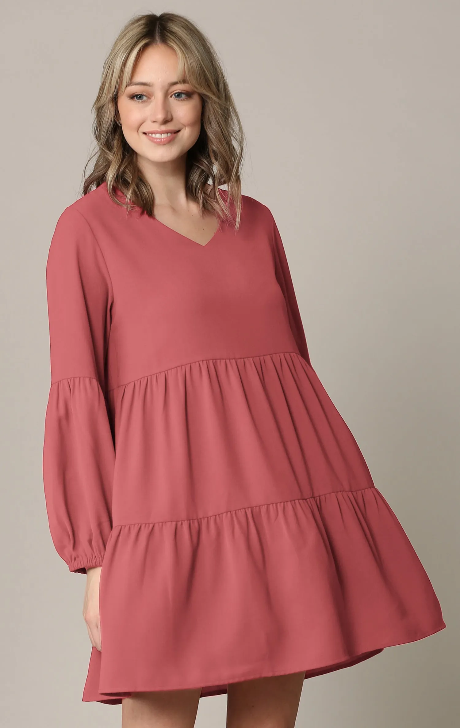 Made By Johnny Casual Flowy Swing Shift Long Sleeve Tiered Dress