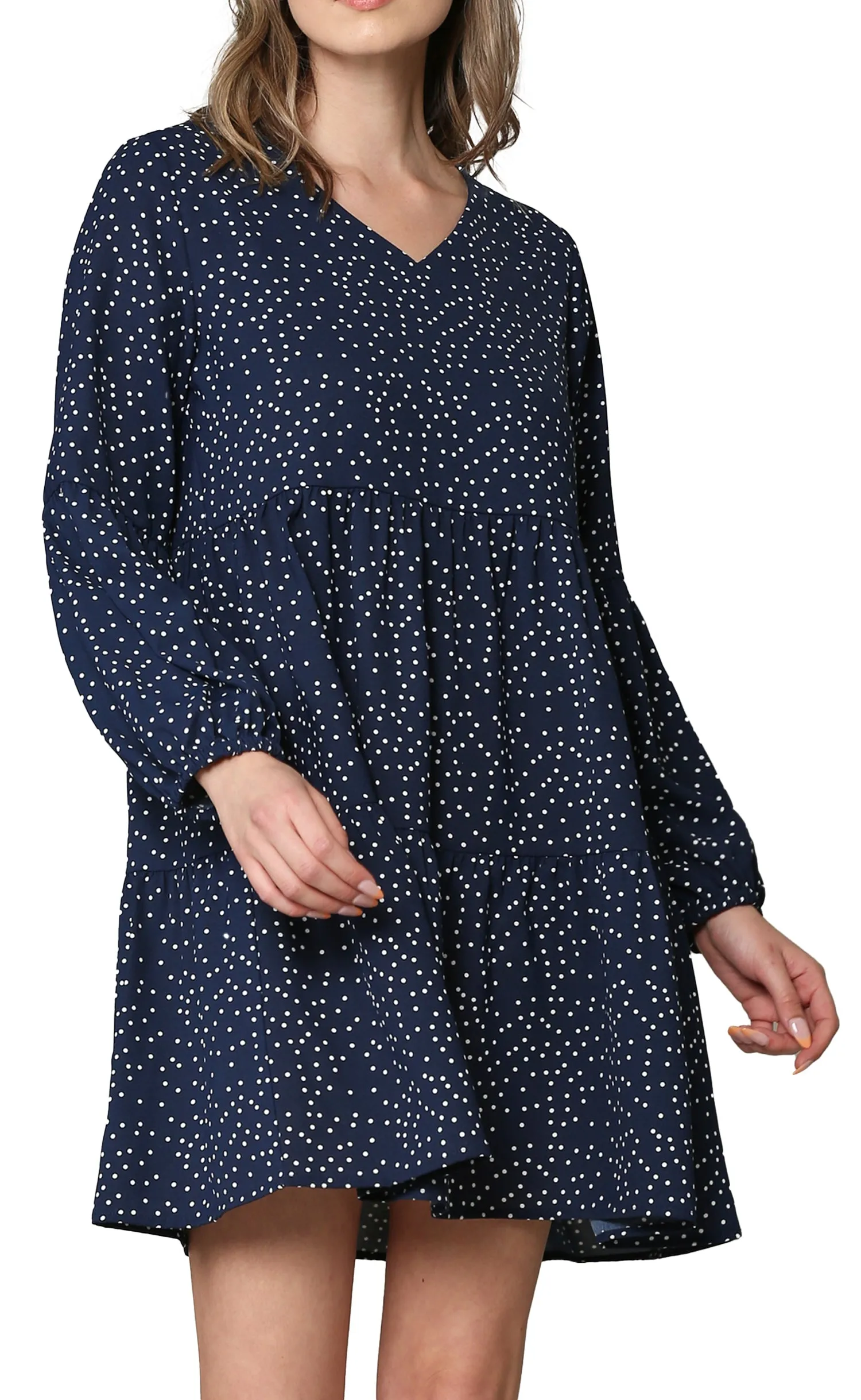 Made By Johnny Casual Flowy Swing Shift Long Sleeve Tiered Dress