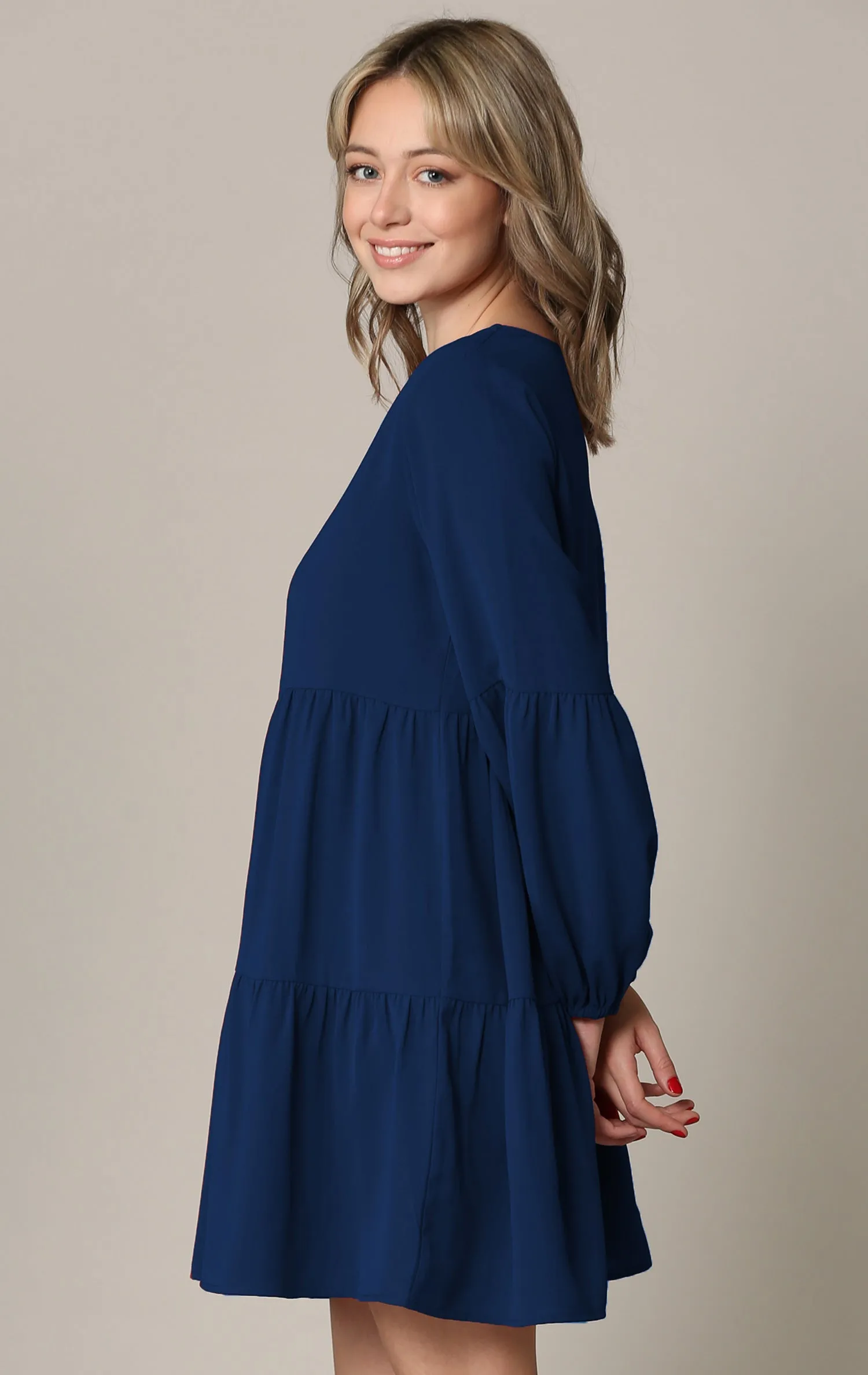 Made By Johnny Casual Flowy Swing Shift Long Sleeve Tiered Dress