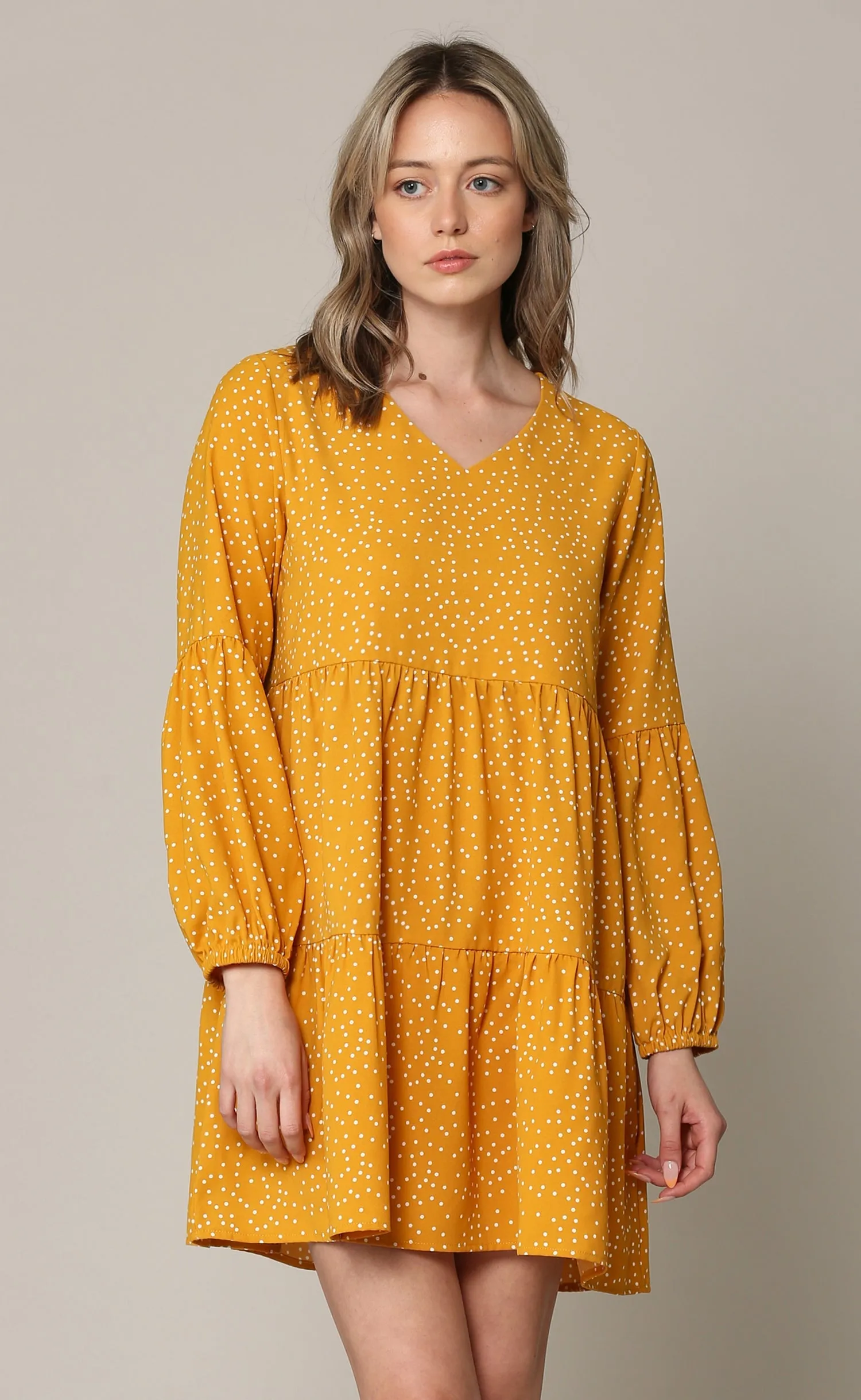 Made By Johnny Casual Flowy Swing Shift Long Sleeve Tiered Dress