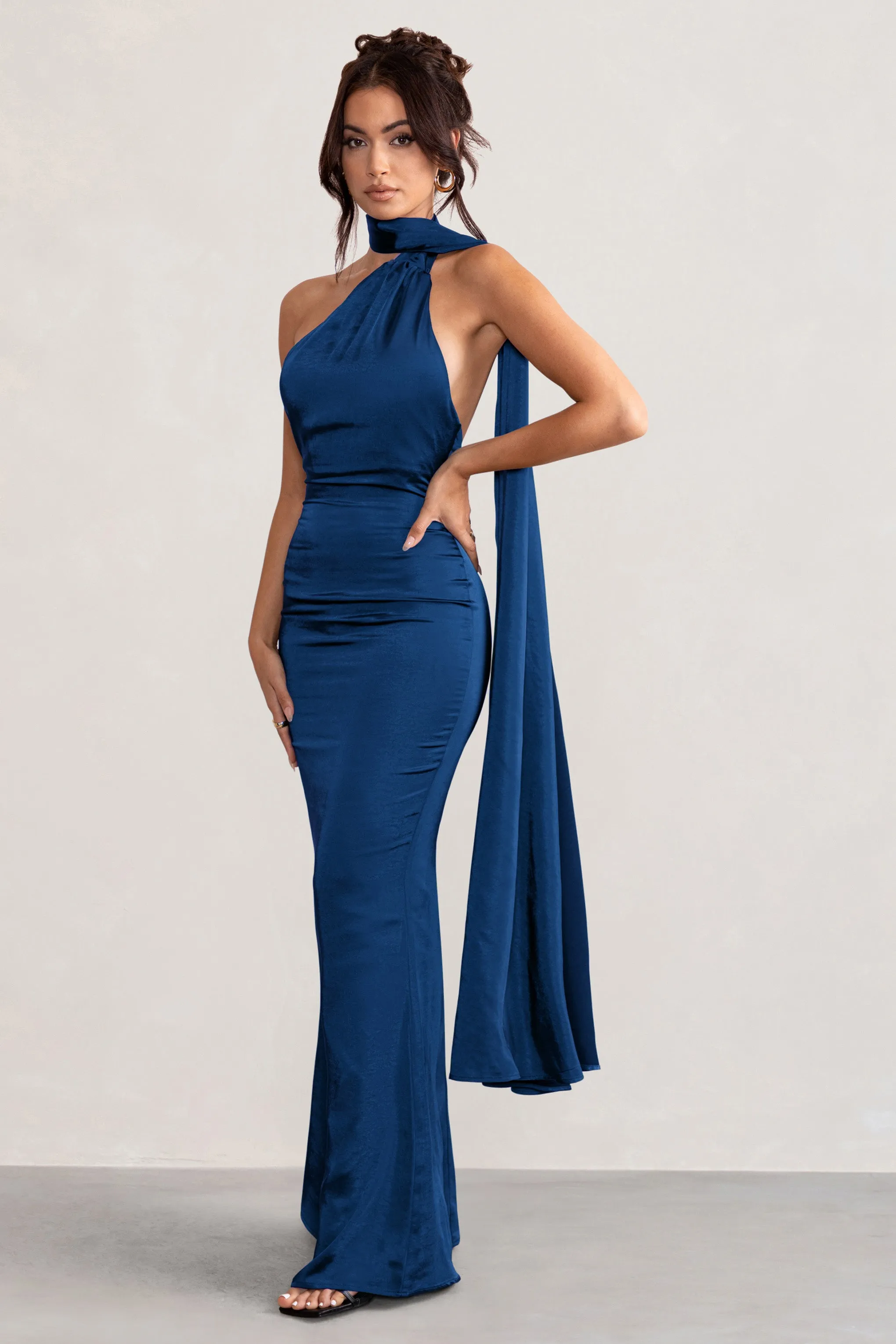 Elegant Navy Asymmetric Scarf Neck Backless Maxi Dress by Mademoiselle