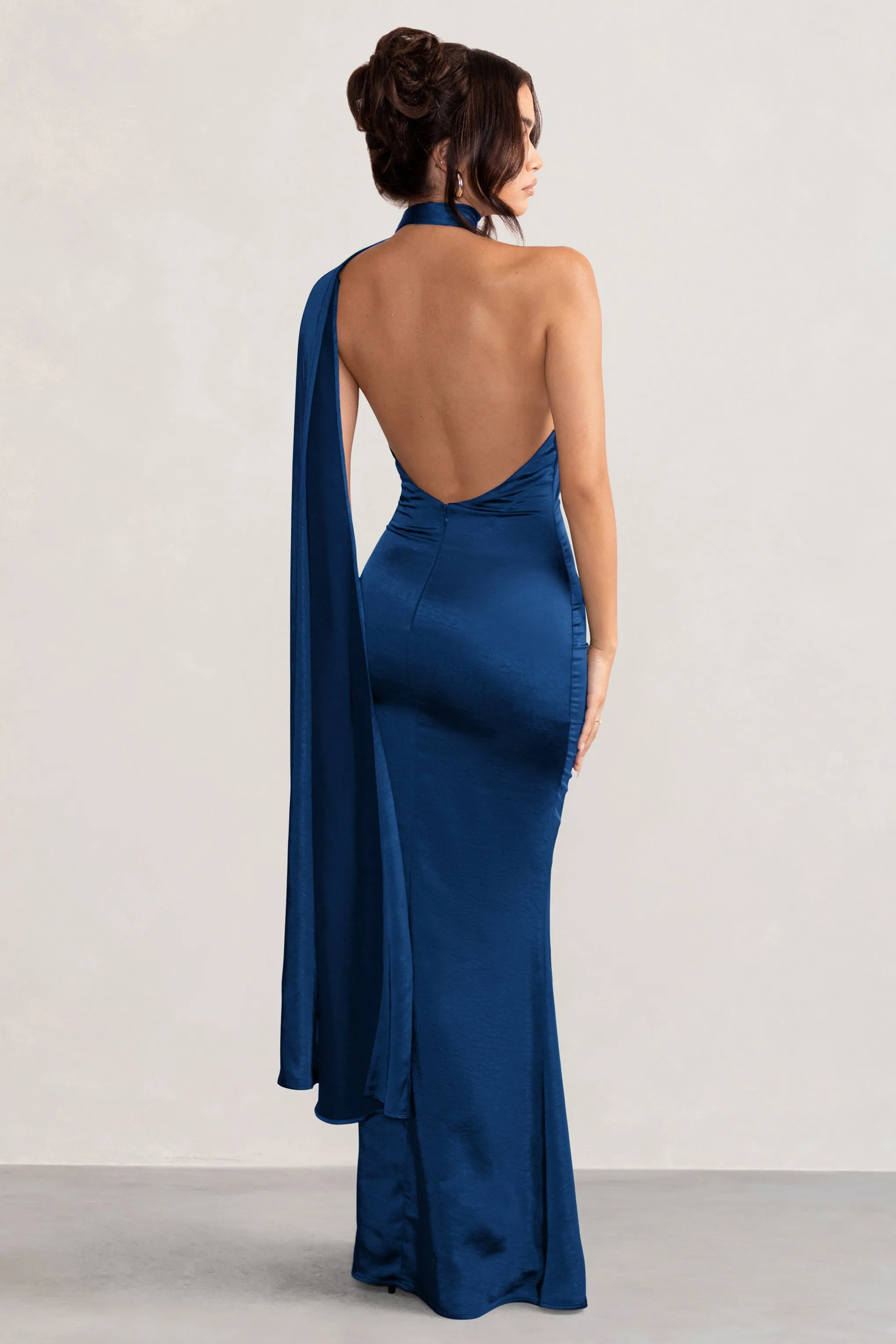 Elegant Navy Asymmetric Scarf Neck Backless Maxi Dress by Mademoiselle