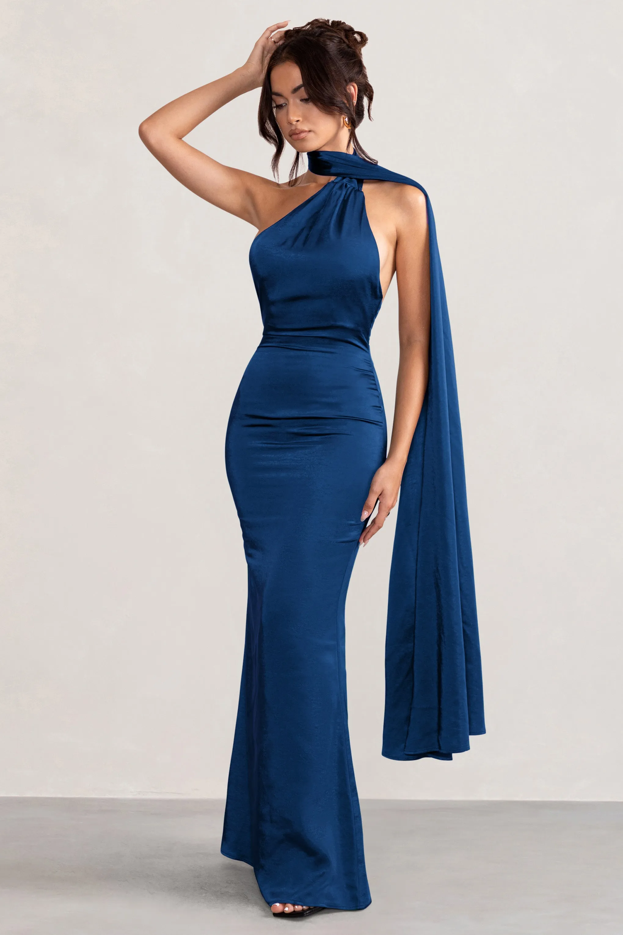 Elegant Navy Asymmetric Scarf Neck Backless Maxi Dress by Mademoiselle