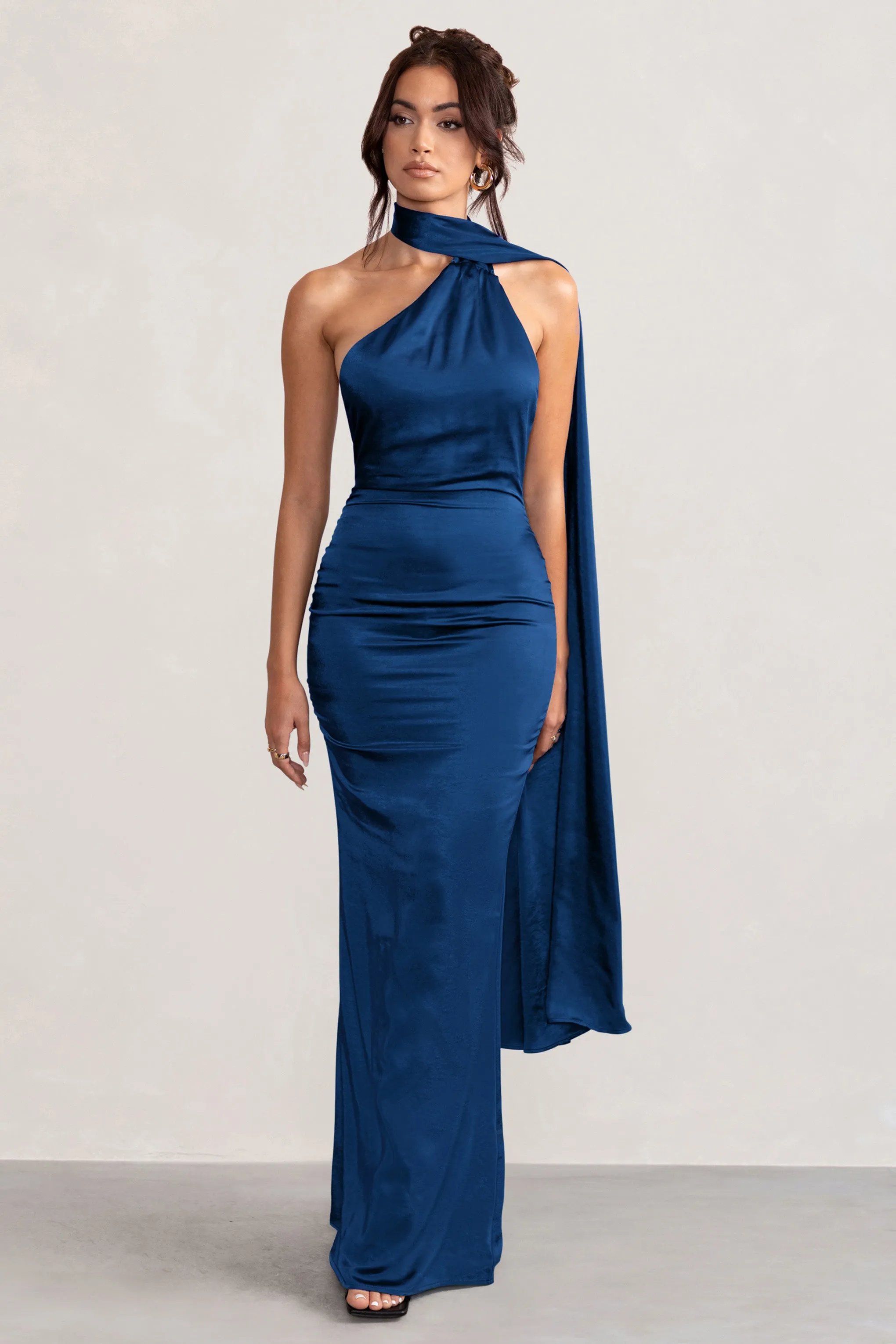 Elegant Navy Asymmetric Scarf Neck Backless Maxi Dress by Mademoiselle