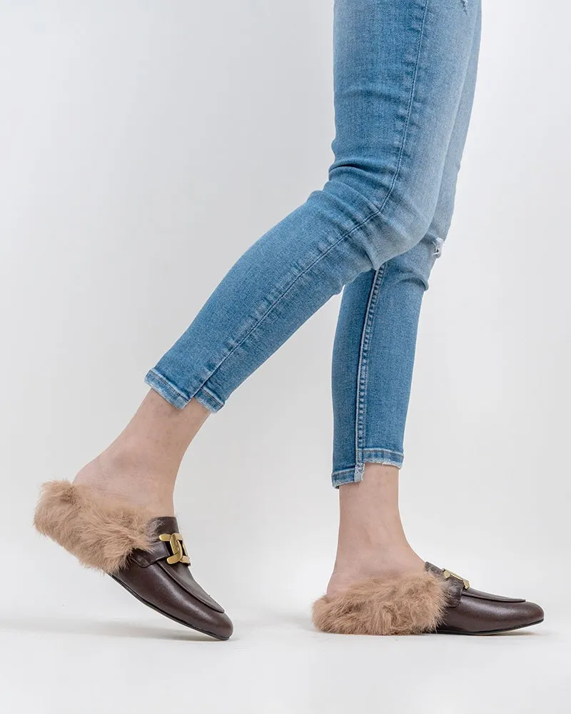 Metal Decor Backless Fluffy Round Toe Slippers Mule