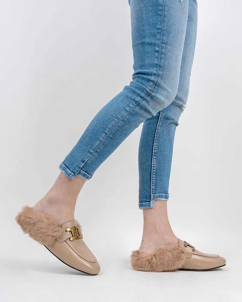 Metal Decor Backless Fluffy Round Toe Slippers Mule