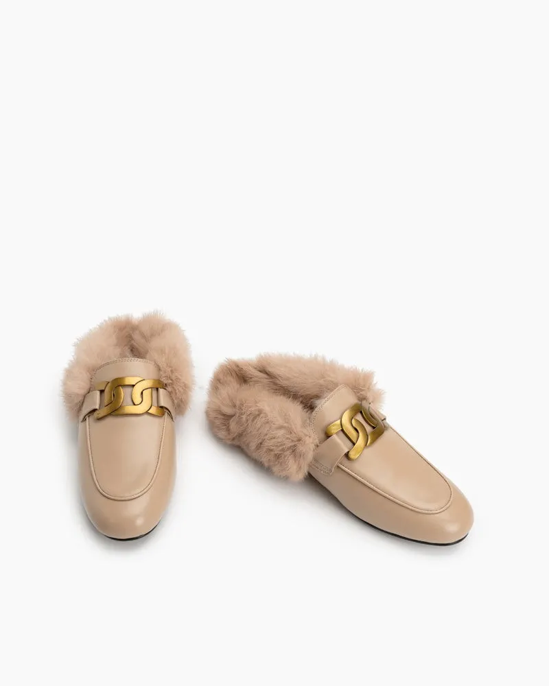 Metal Decor Backless Fluffy Round Toe Slippers Mule