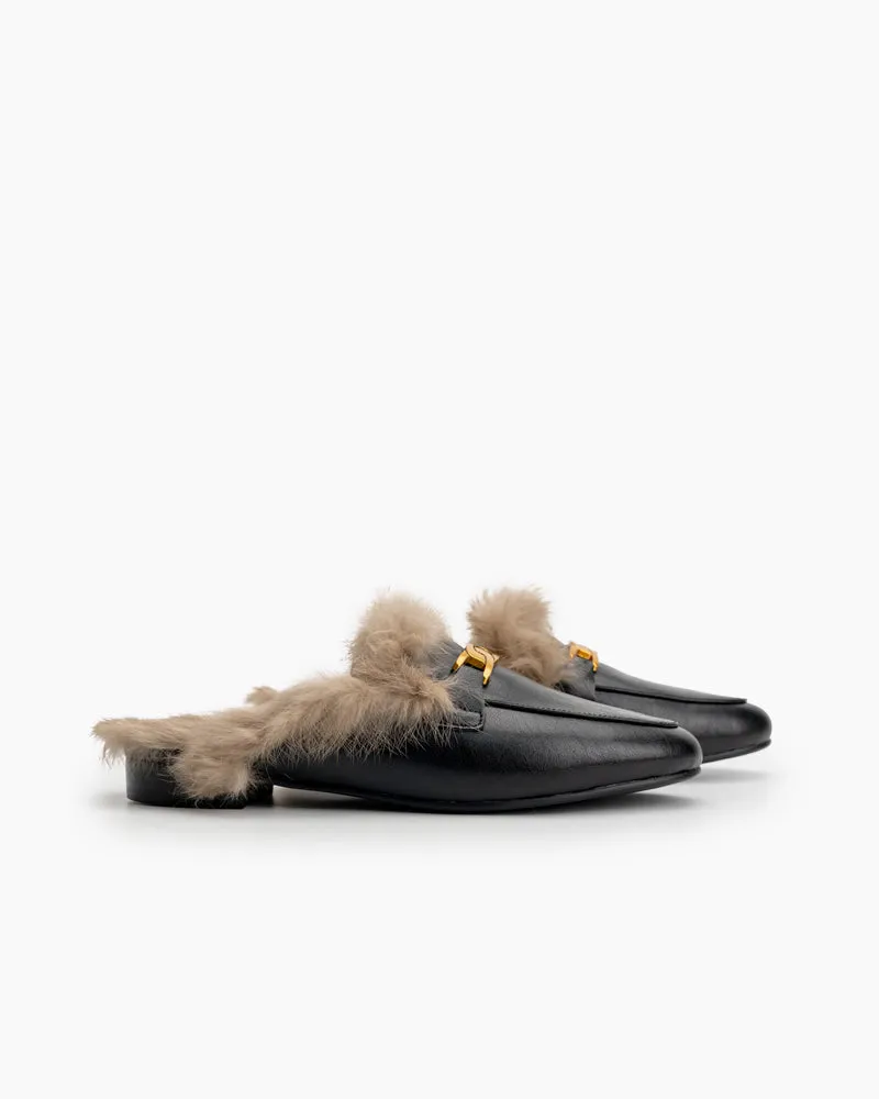 Metal Decor Flat Fur Warm Slippers Mules