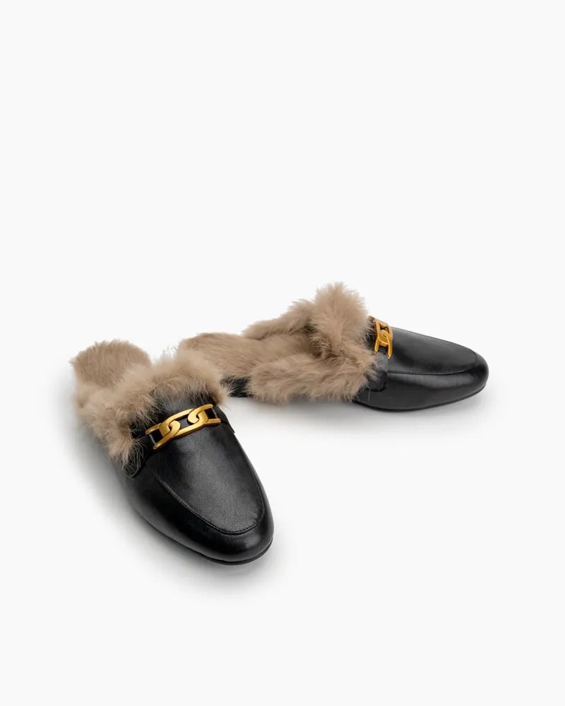 Metal Decor Flat Fur Warm Slippers Mules