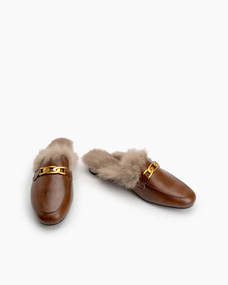 Metal Decor Flat Fur Warm Slippers Mules