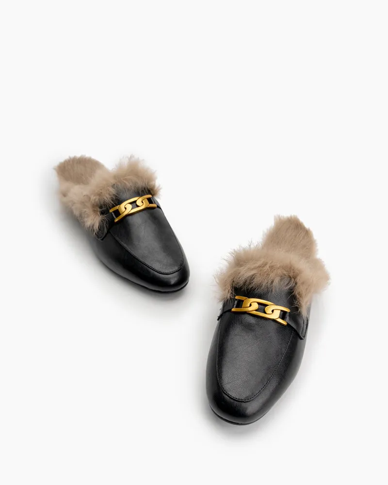 Metal Decor Flat Fur Warm Slippers Mules