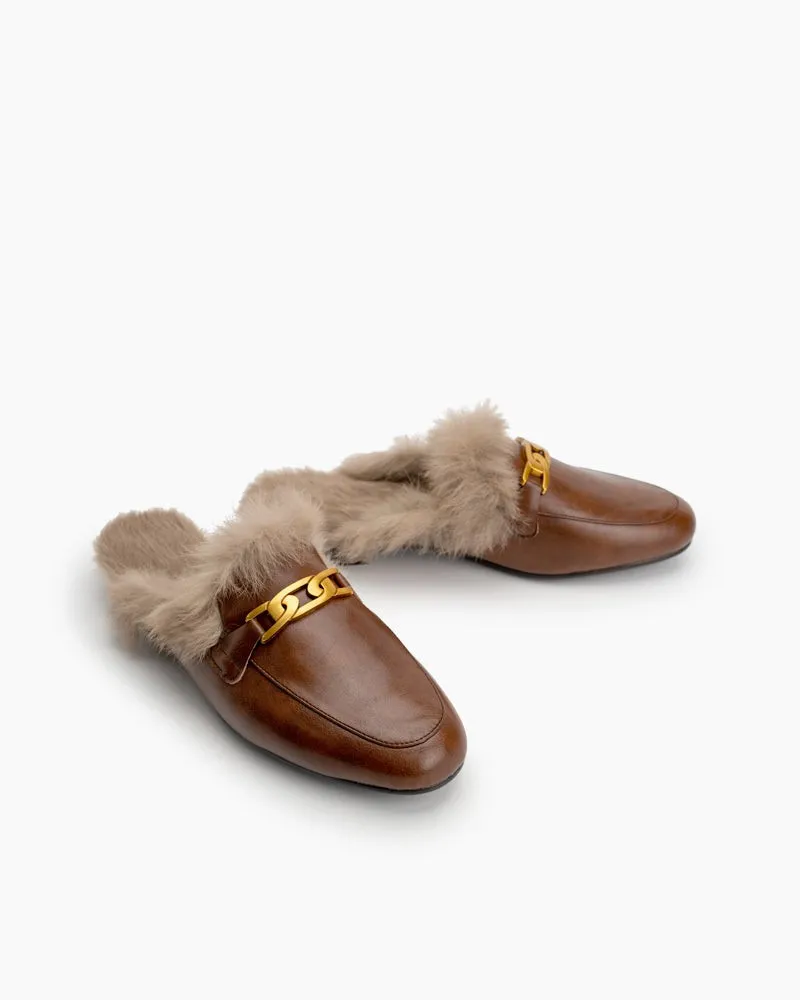 Metal Decor Flat Fur Warm Slippers Mules